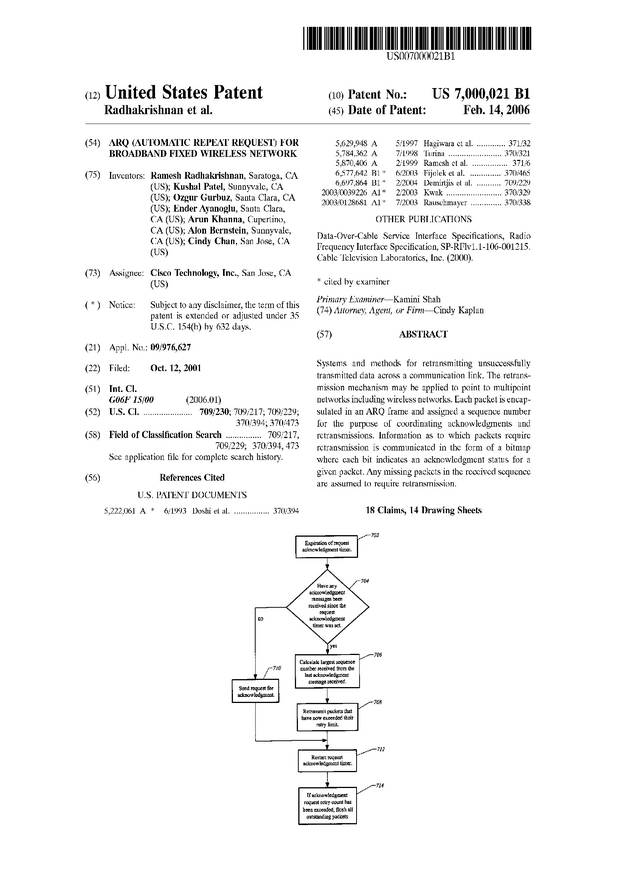 ARQ (automatic repeat request) for broadband fixed wireless network - US Patent 7000021 - Page 1