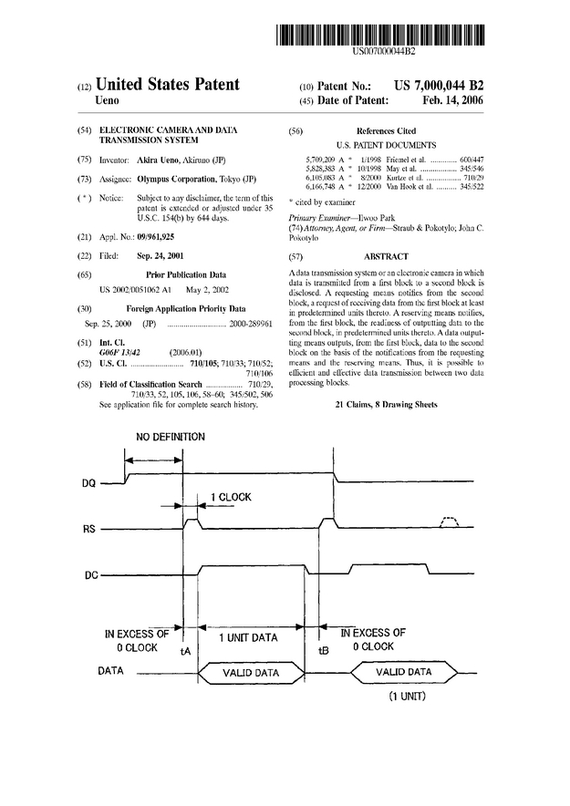 Electronic camera and data transmission system - US Patent 7000044 - Page 1
