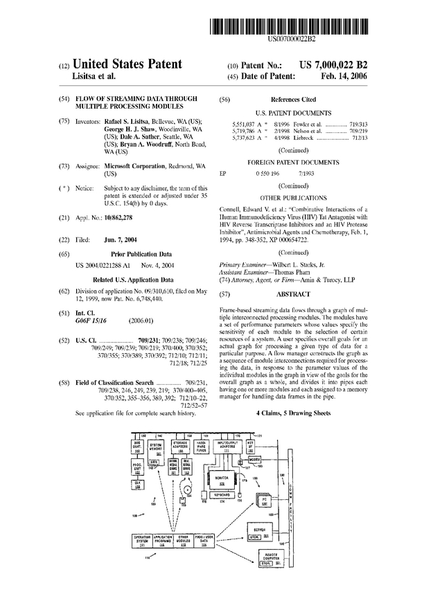 Flow of streaming data through multiple processing modules - US Patent 7000022 - Page 1