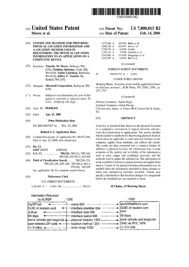 System and methods for providing physical location information and a location method used in discovering the physical location information to an application on a computing device - US Patent 7000015 - Page 1
